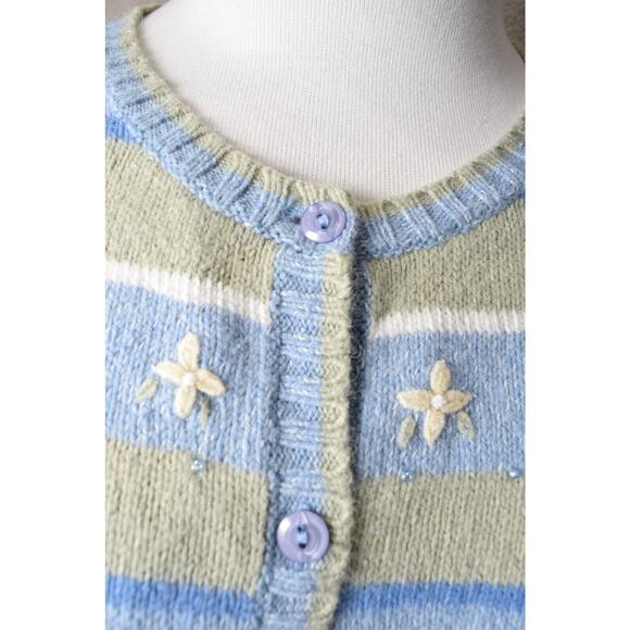 Napa Valley Cardigan Sweater Strips Embroidery Beading Green Blue Ramie Angora - Picture 3 of 11